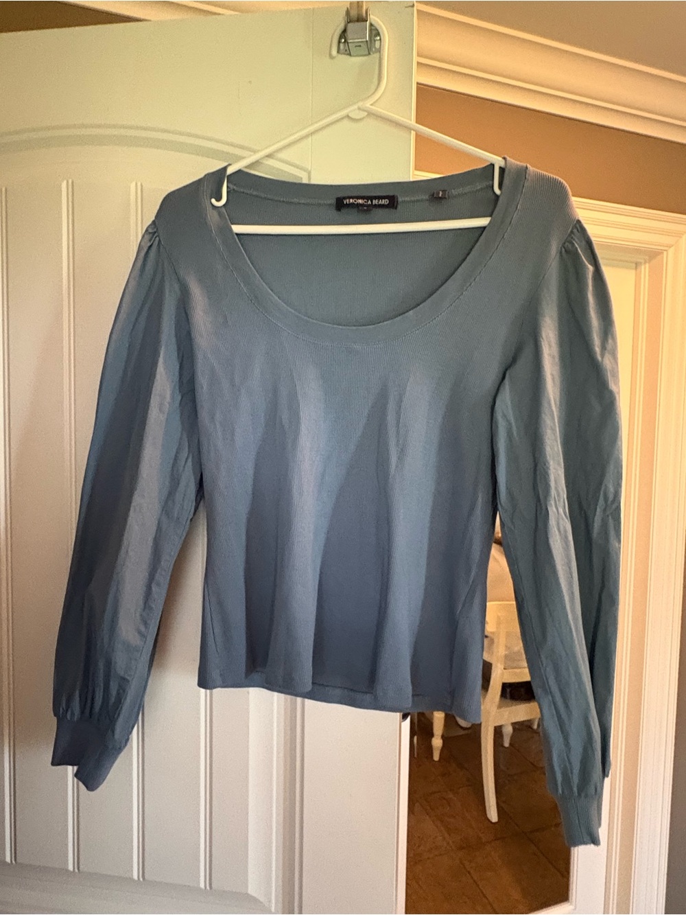 Veronica Beard Anabel Slate Blue Long Sleeve Scoop Neck Top